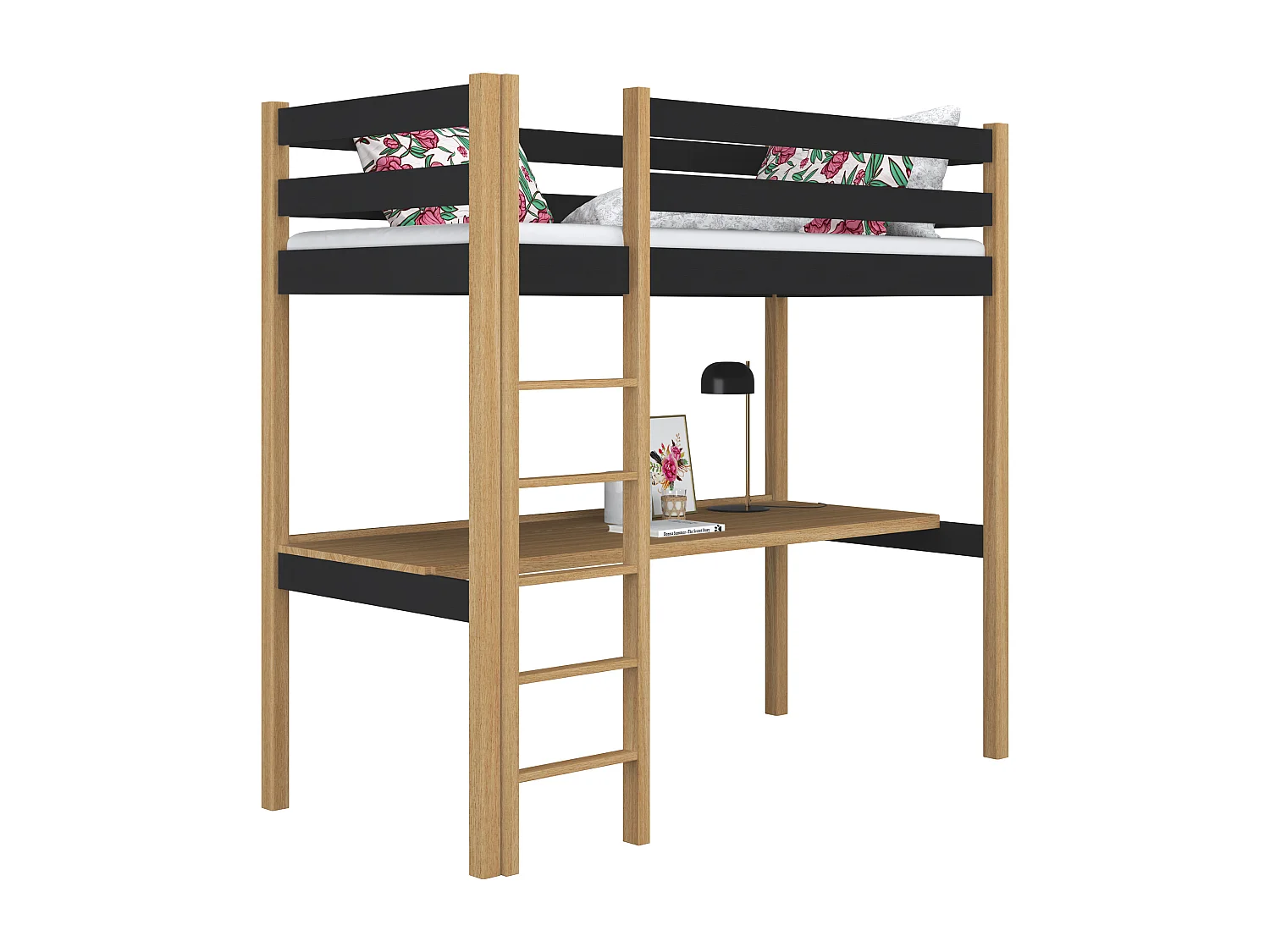 HOCHBETT N05 mit Schreibtisch Schwarz / Eiche Natur 100x190