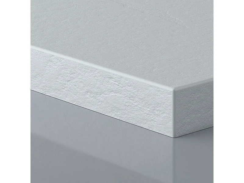 Mineralguss-Duschwanne extra flach PURE Schieferoptik weiß 100x140 cm Edelstahl in gleicher Farbe Auslaufschutz in Farbe