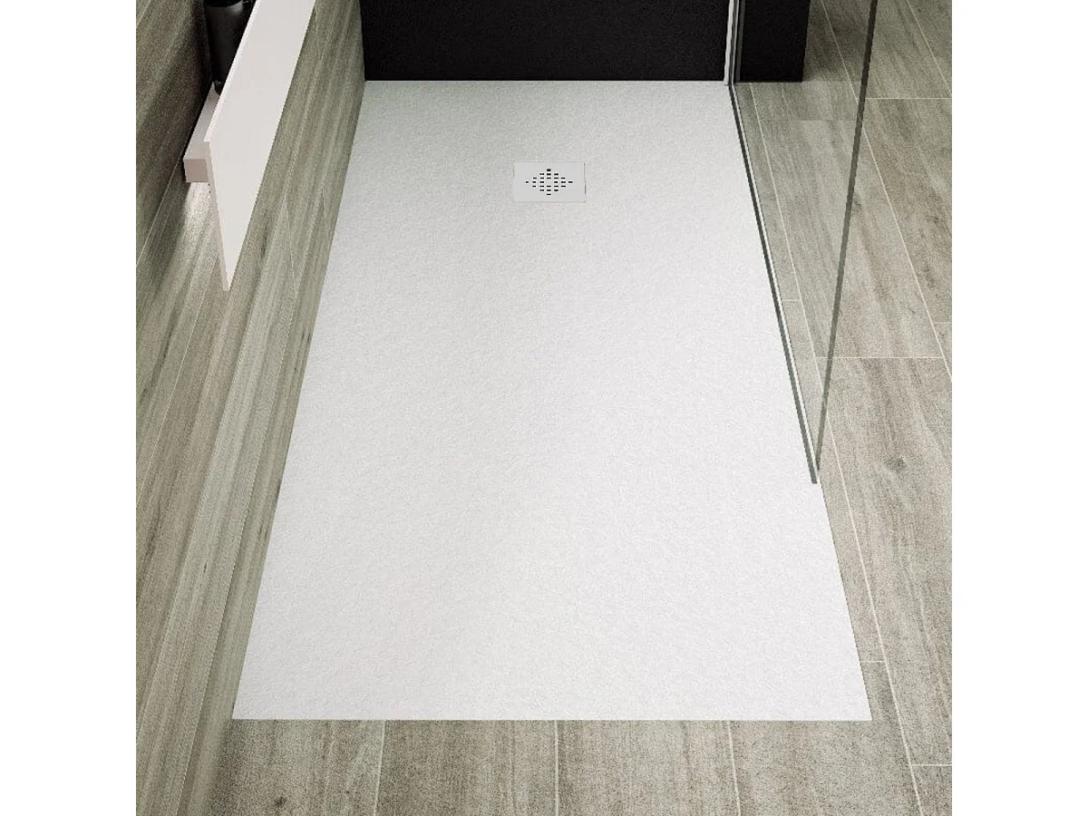 Mineralguss-Duschwanne extra flach PURE Schieferoptik weiß 80x180 cm Edelstahl in gleicher Farbe Auslaufschutz in Farbe