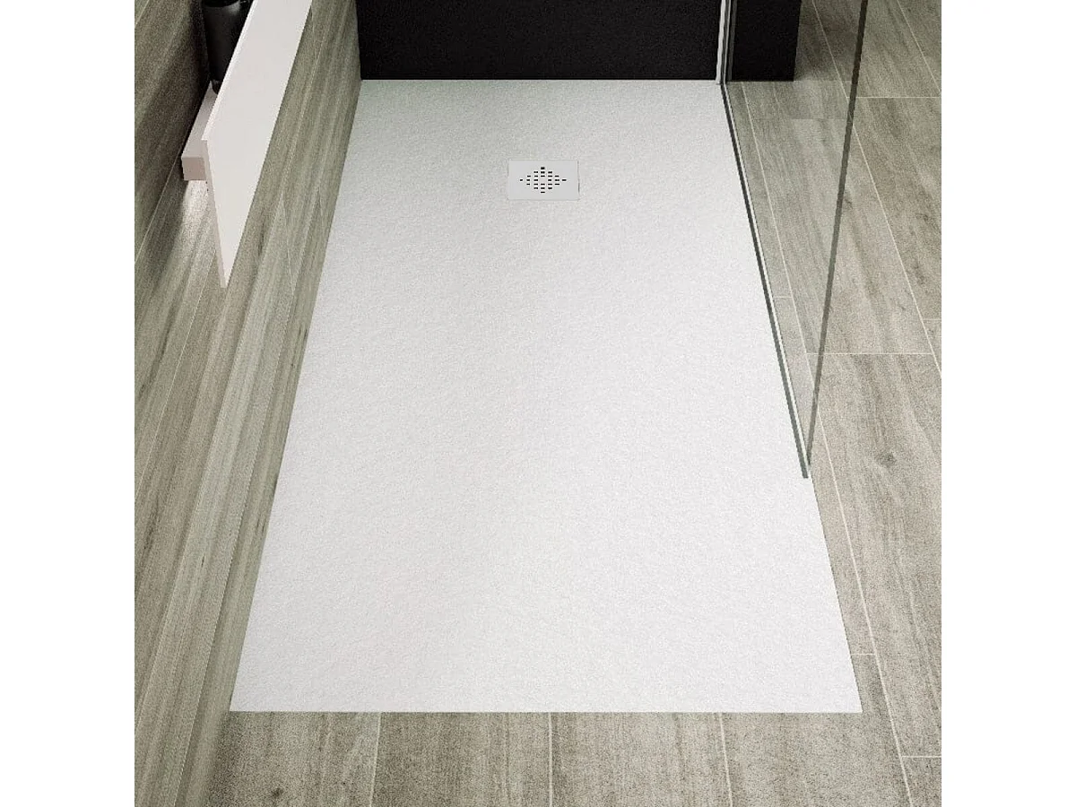 Mineralguss-Duschwanne extra flach PURE Schieferoptik weiß 100x100 cm Edelstahl in gleicher Farbe Auslaufschutz in Farbe