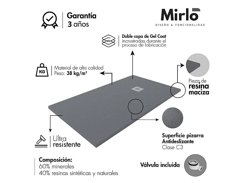 Piatto doccia ultrasottile 90 x 190 cm PURE in resina finitura ardesia bianco
