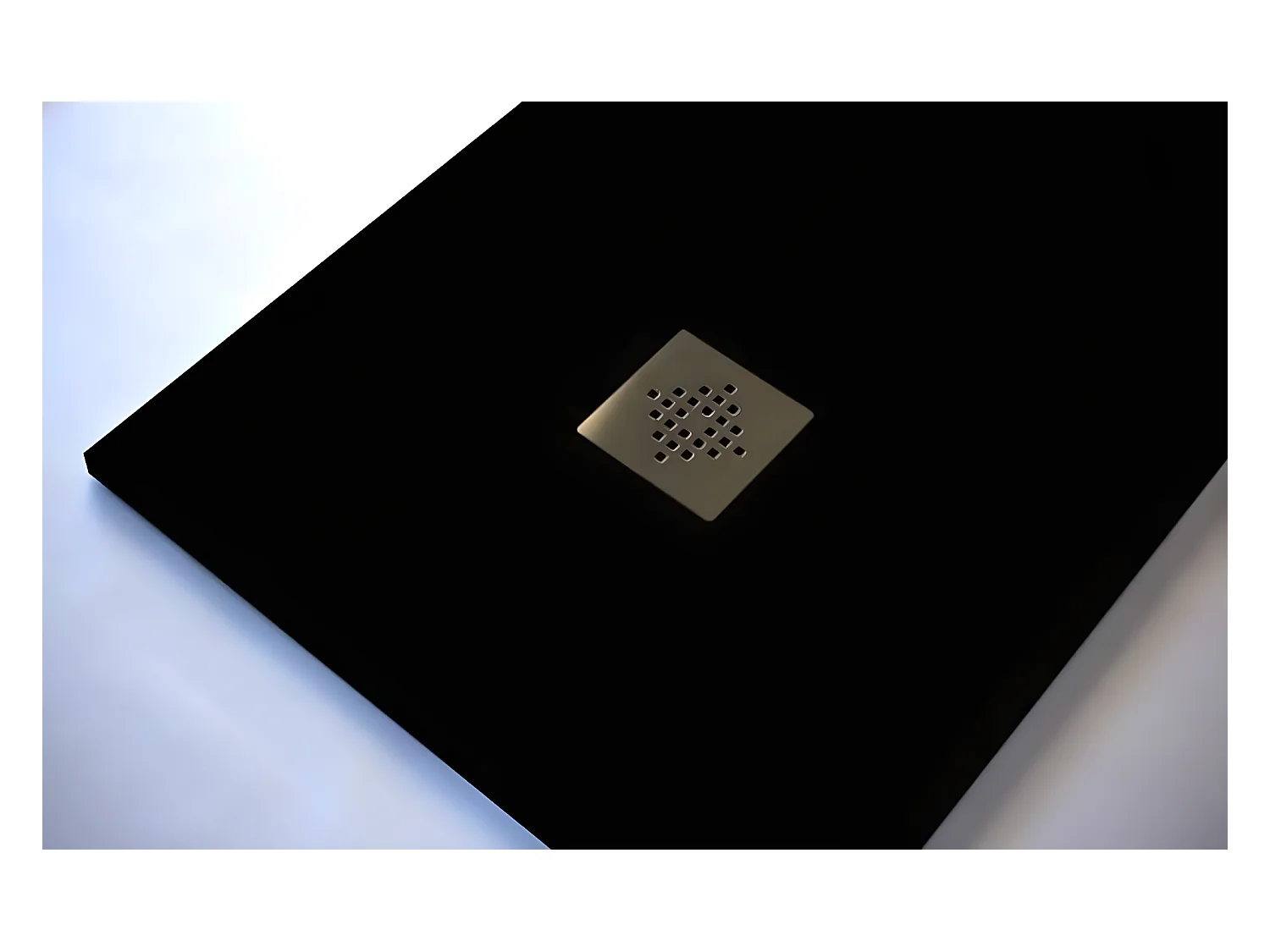 Receveur de douche 80 x 80 cm extra plat PURE en résine surface ardoisée noir Grille noire