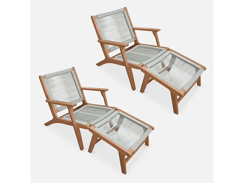 Set di 2 sedie da giardino in legno e corda con poggiapiedi, beige