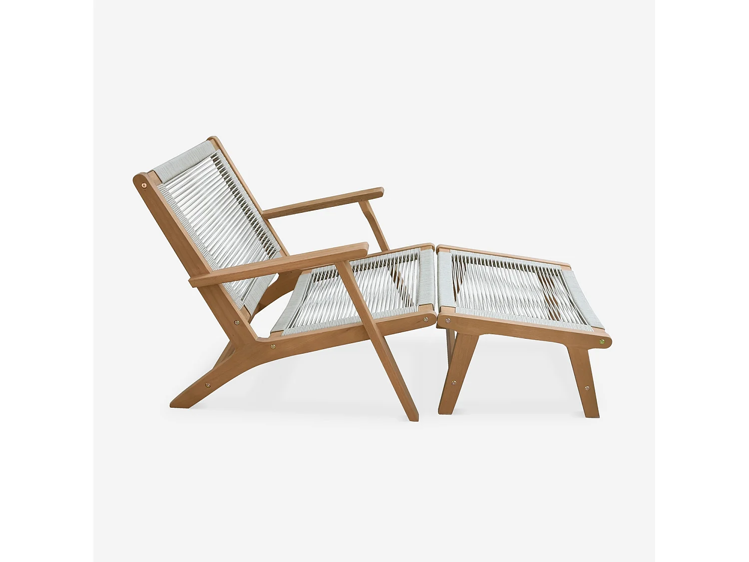 Set di 2 sedie da giardino in legno e corda con poggiapiedi, beige