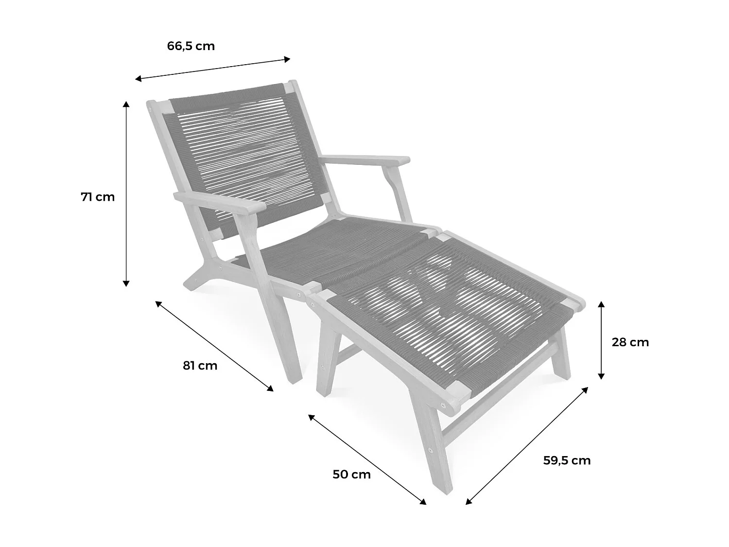 Set di 2 sedie da giardino in legno e corda con poggiapiedi, beige