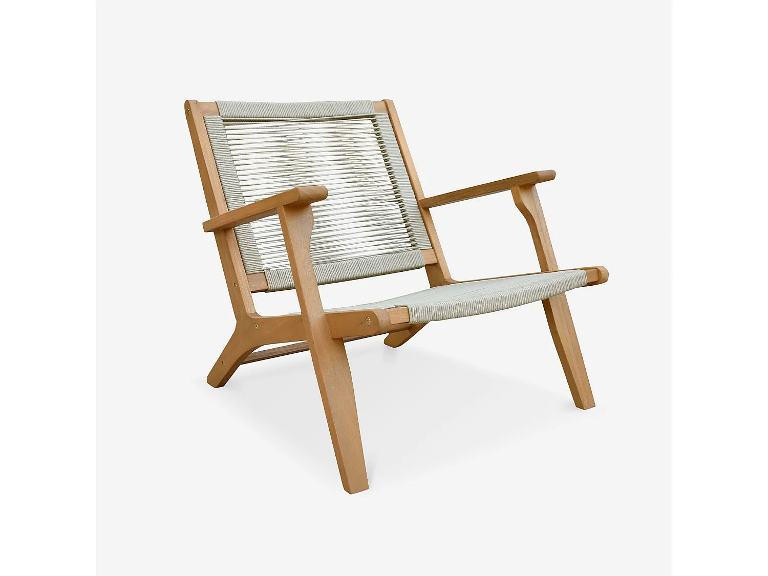 Set 2 poltrone da giardino e poggiapiedi in legno e corda Talpa - 66.5x81x71 cm