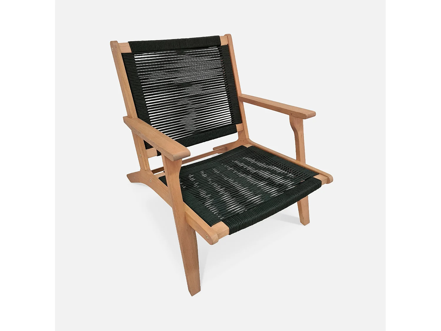 Set di 2 sedie da giardino in legno e corda con poggiapiedi, nero