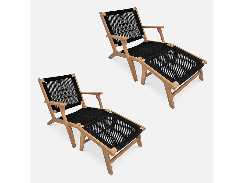 Set di 2 sedie da giardino in legno e corda con poggiapiedi, nero