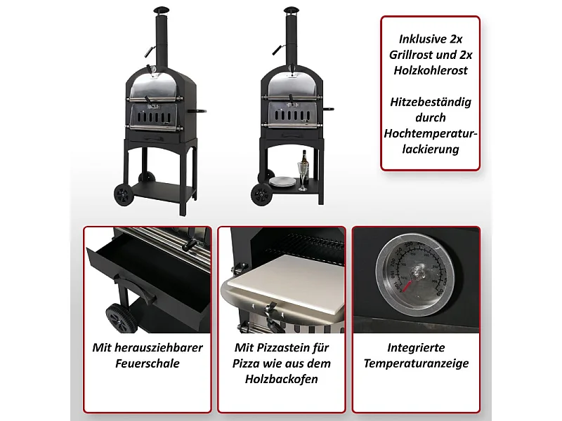 Gril à charbon de bois HWC-N15, Four à pizza Four à cheminée, Gril à charbon de bois Pierre à pizza, Acier noir laqué ha