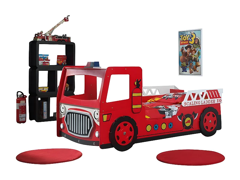 Pack - Lit Enfant & Matelas "Camion de Pompier" 90x200cm Rouge