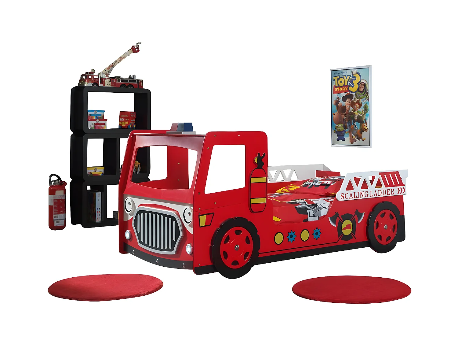 Pack - Lit Enfant & Matelas "Camion de Pompier" 90x200cm Rouge