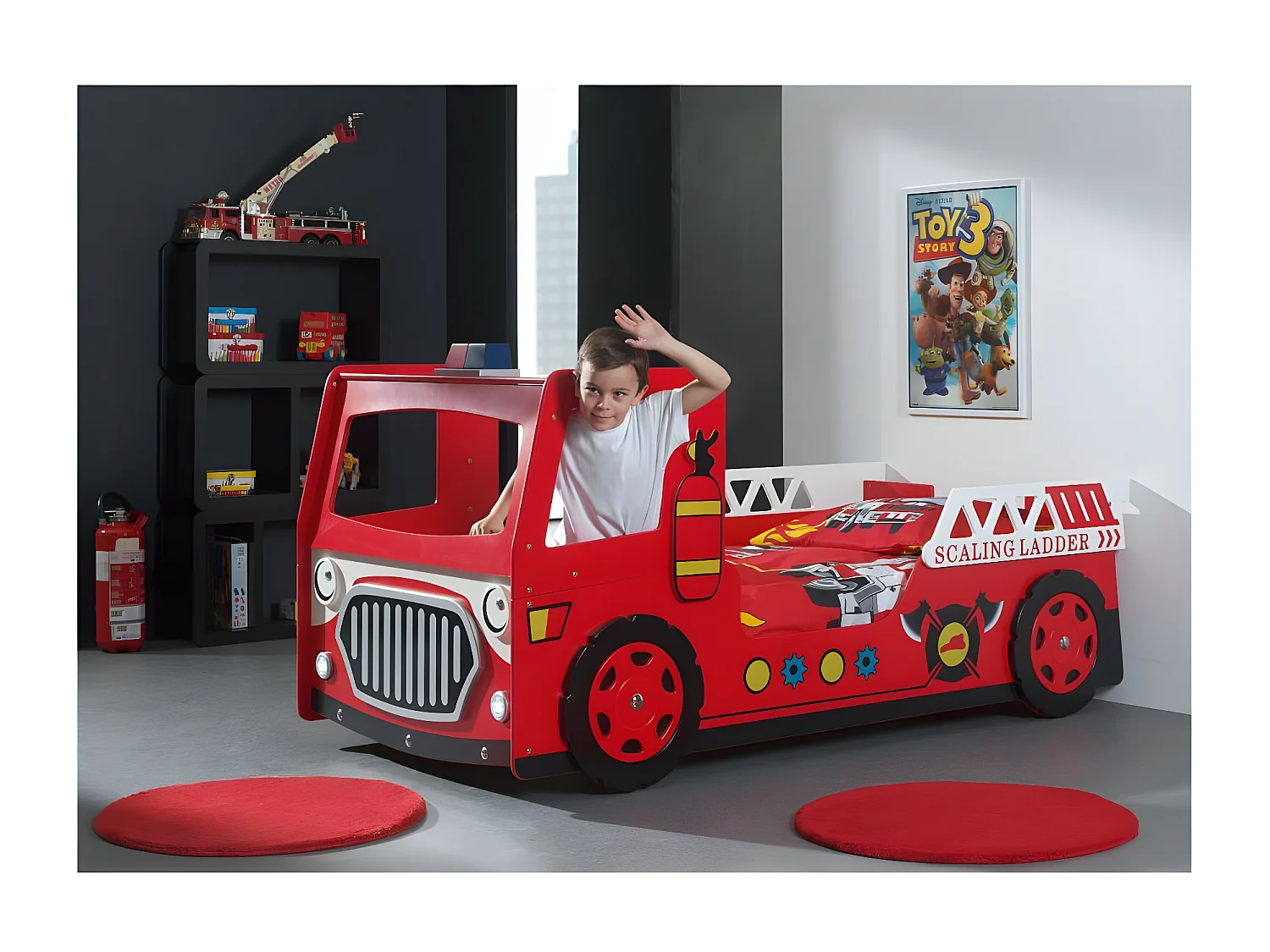 Pack - Lit Enfant & Matelas "Camion de Pompier" 90x200cm Rouge