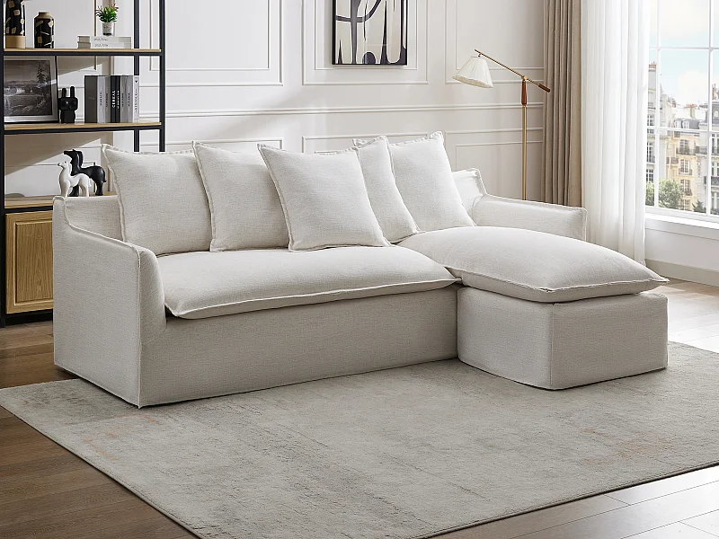 Sofá rinconera reversible de tela beige jaspeada PENIOLA de Maison Céphy