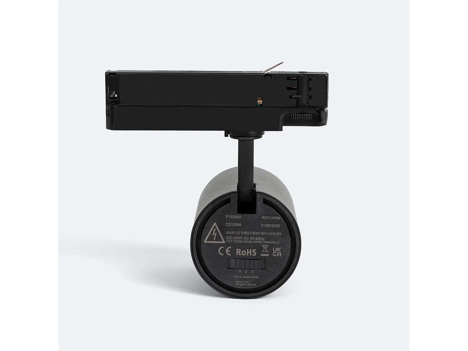 Spot LED sur Rail Triphasé 40W Dimmable Fasano Biseau Noir 3200K Blanc chaud