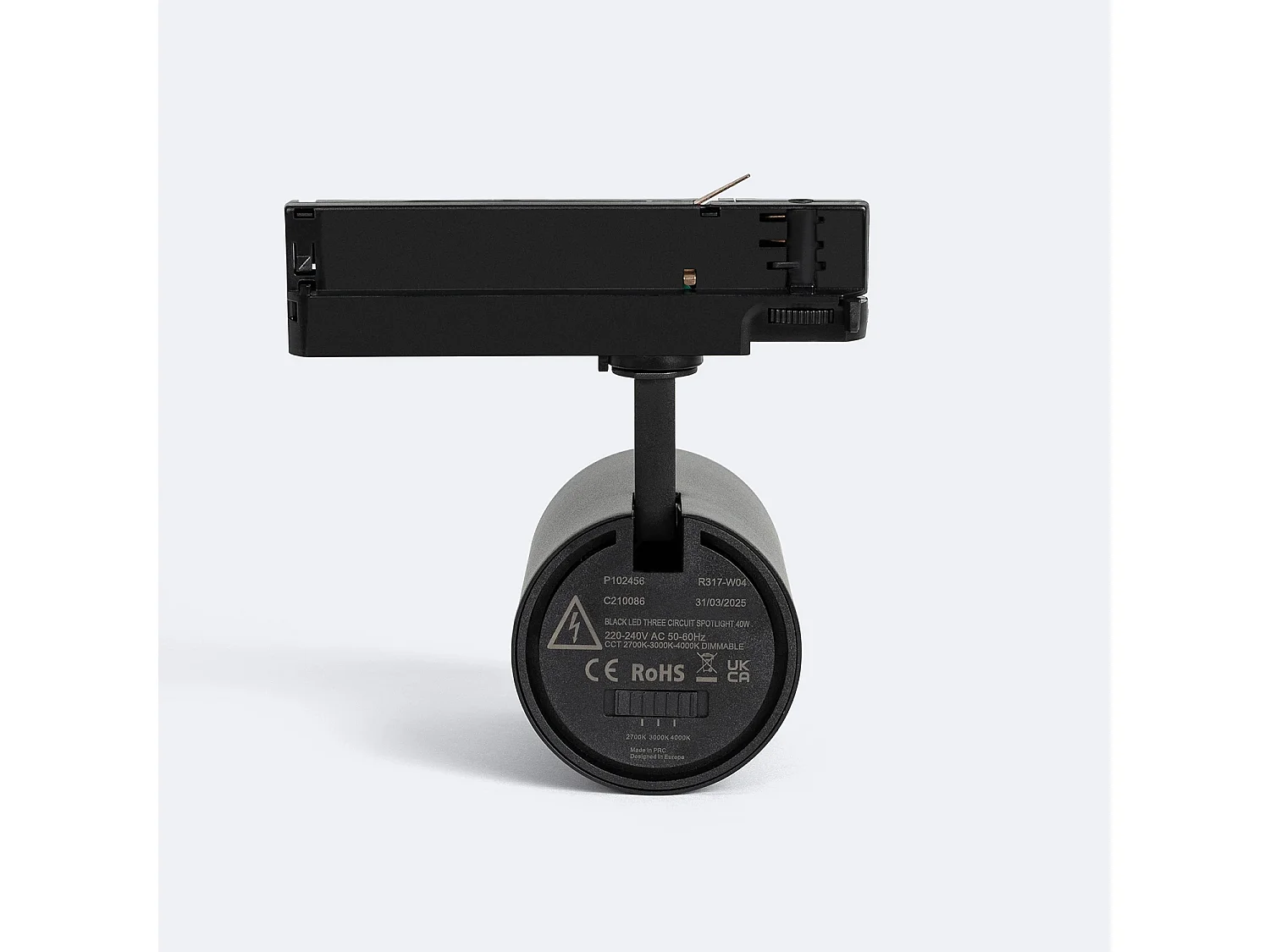 Spot LED sur Rail Triphasé 40W Dimmable Fasano CCT Sélectionnable Noir 2700K - 3200K - 4000K Sélectionnable
