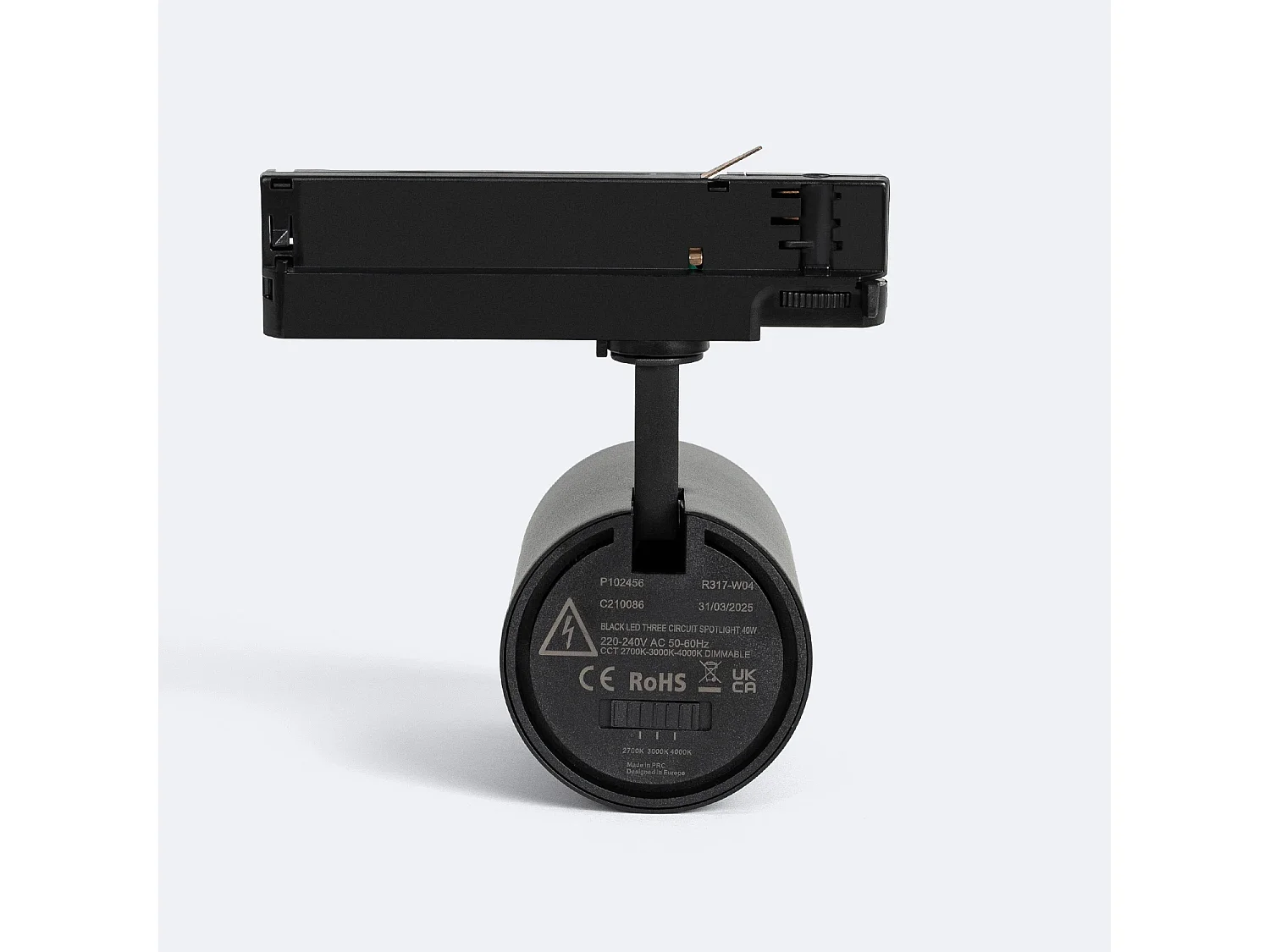 Spot LED sur Rail Triphasé 40W Fasano CCT Sélectionnable Cylindre Dimmable Noir 2700K - 3200K - 4000K Sélectionnable