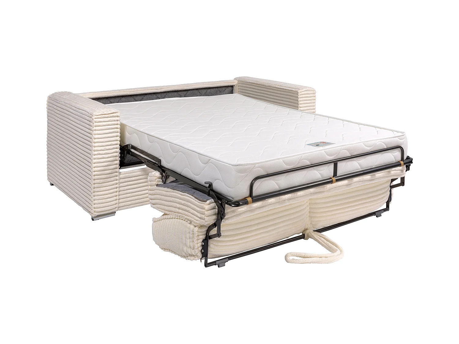 Express-driezitsslaapbank van beige ribfluweel met brede ribbels - Bed 140 cm - Matras 18 cm LORETO