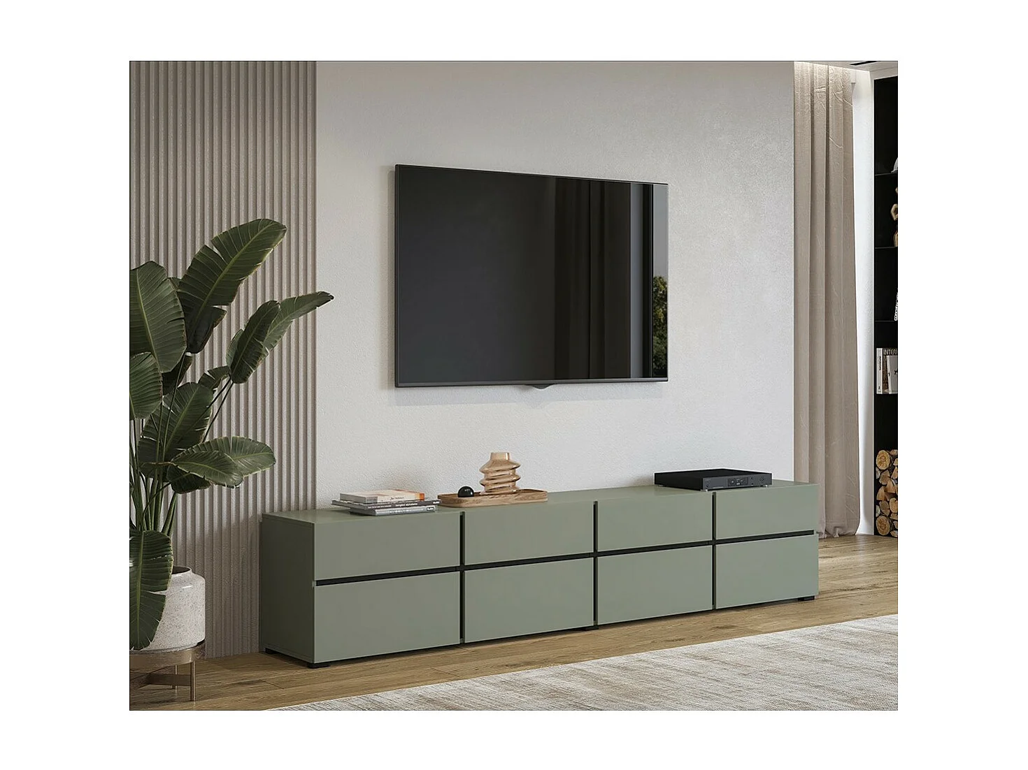 Meuble TV XL coloris vert sauge et noir 225cm collection HAVANA. Meuble design avec 4 portes et 4 tiroirs.