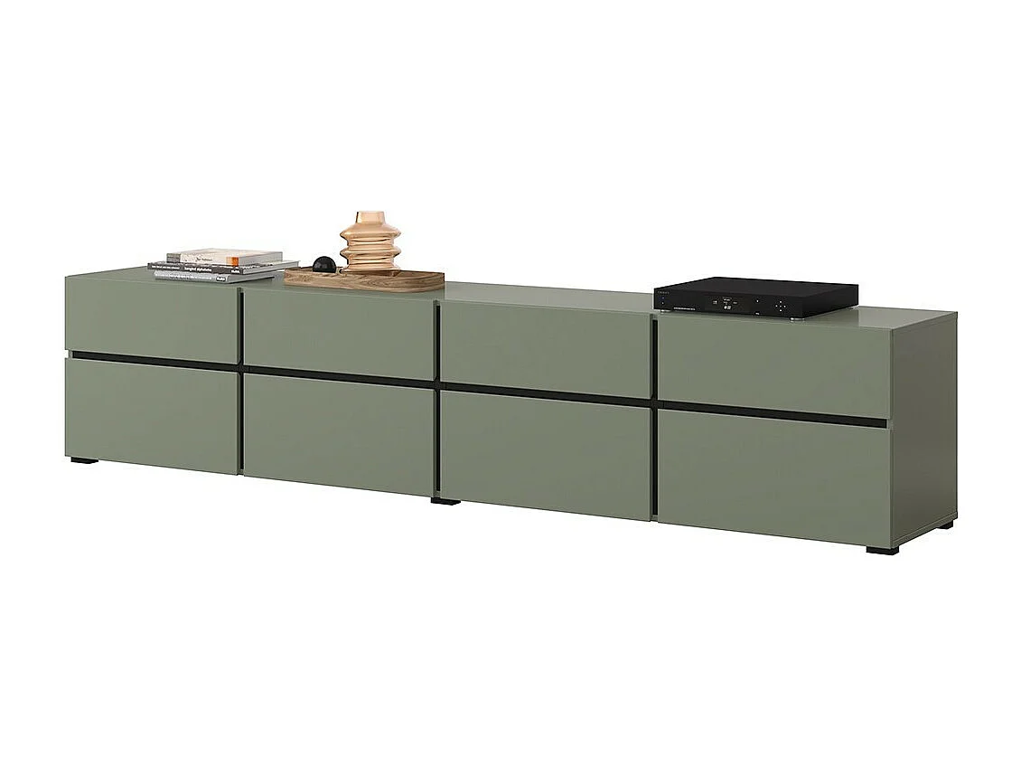 Meuble TV XL coloris vert sauge et noir 225cm collection HAVANA. Meuble design avec 4 portes et 4 tiroirs.