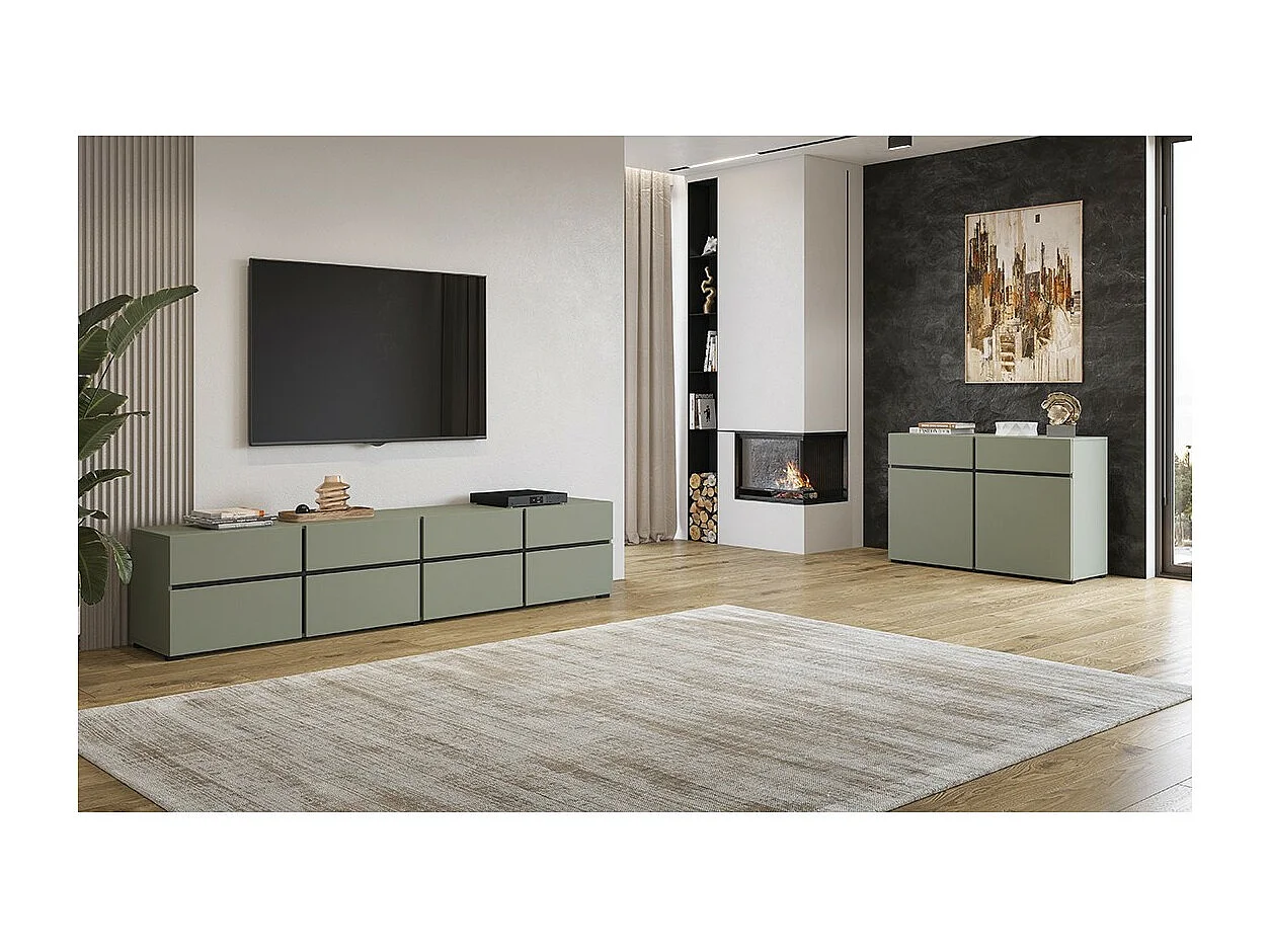 Meuble TV XL coloris vert sauge et noir 225cm collection HAVANA. Meuble design avec 4 portes et 4 tiroirs.