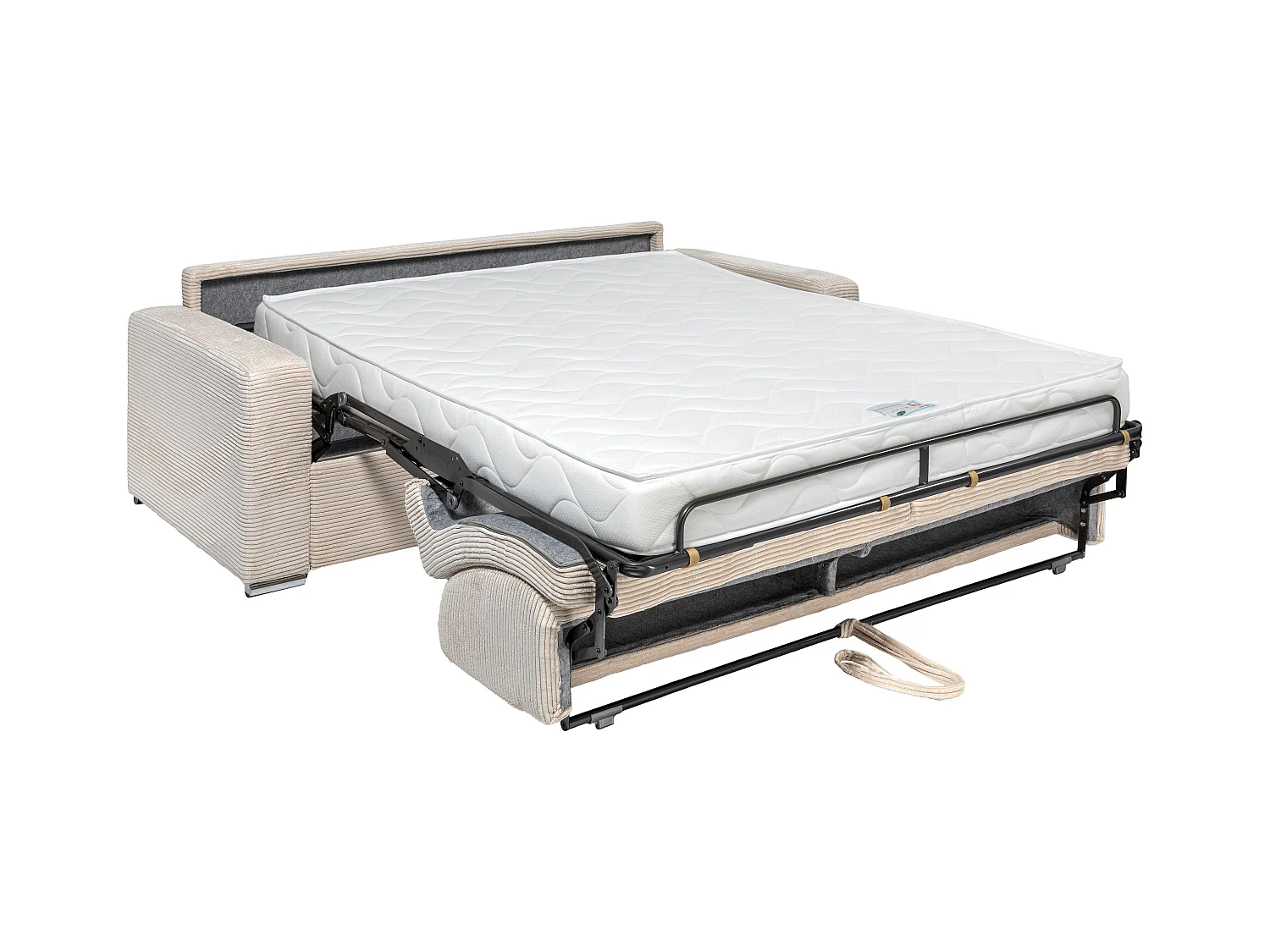 Express-driezitsslaapbank van beige ribfluweel - Bed 140 cm - Matras 18 cm CALITO