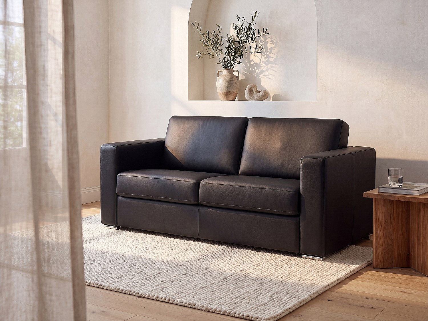 Canapé 3 places convertible express en cuir de buffle noir - Couchage 140 cm - Matelas 14 cm CALITO
