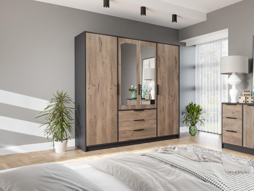 Armoire 4 portes et 3 tiroirs - Avec miroirs - L196 cm - Coloris : Naturel et noir - LAMIKI