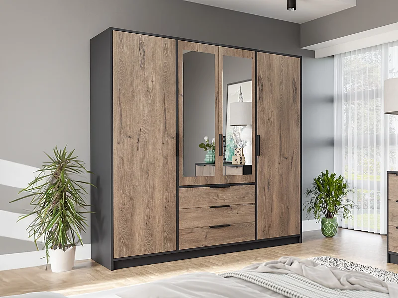 Armoire 4 portes et 3 tiroirs - Avec miroirs - L196 cm - Coloris : Naturel et noir - LAMIKI