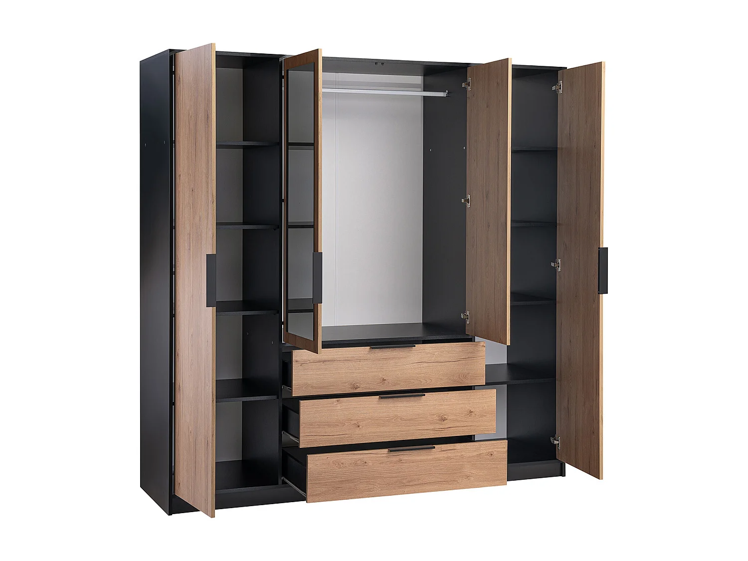 Armadio 4 ante e 3 cassetti Con specchi L196 cm Naturale e Nero - LAMIKI