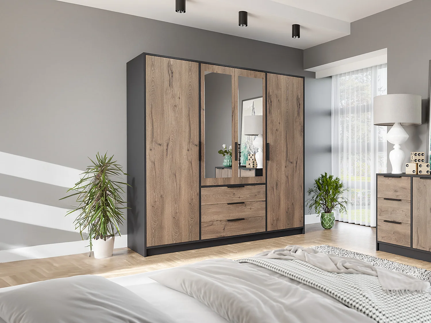 Armoire 4 portes et 3 tiroirs - Avec miroirs - L196 cm - Coloris : Naturel et noir - LAMIKI