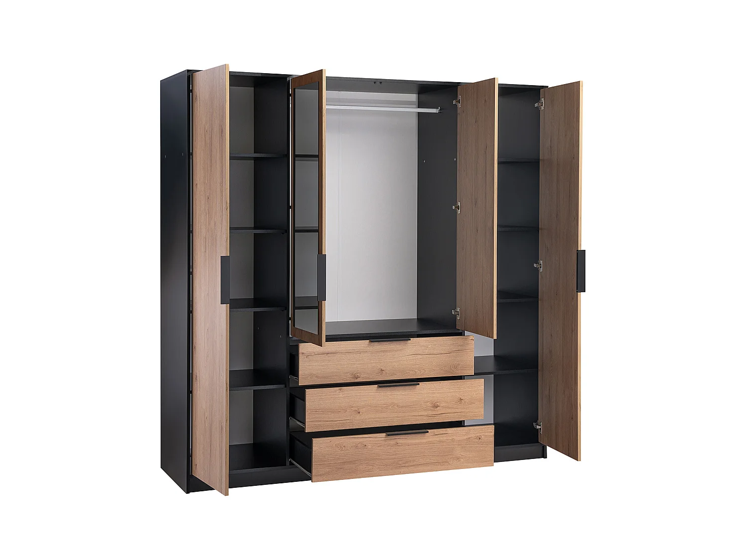 Kleiderschrank mit 4 Türen & 3 Schubladen - Mit Spiegel - 196 cm - Holzfarben & Schwarz - LAMIKI