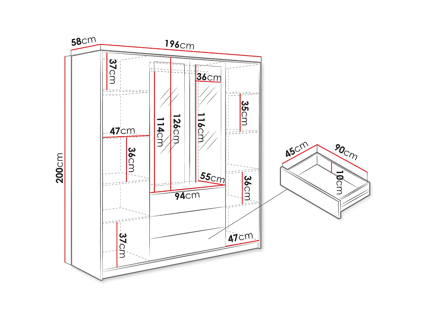 Kleiderschrank mit 4 Türen & 3 Schubladen - Mit Spiegel - 196 cm - Holzfarben & Schwarz - LAMIKI