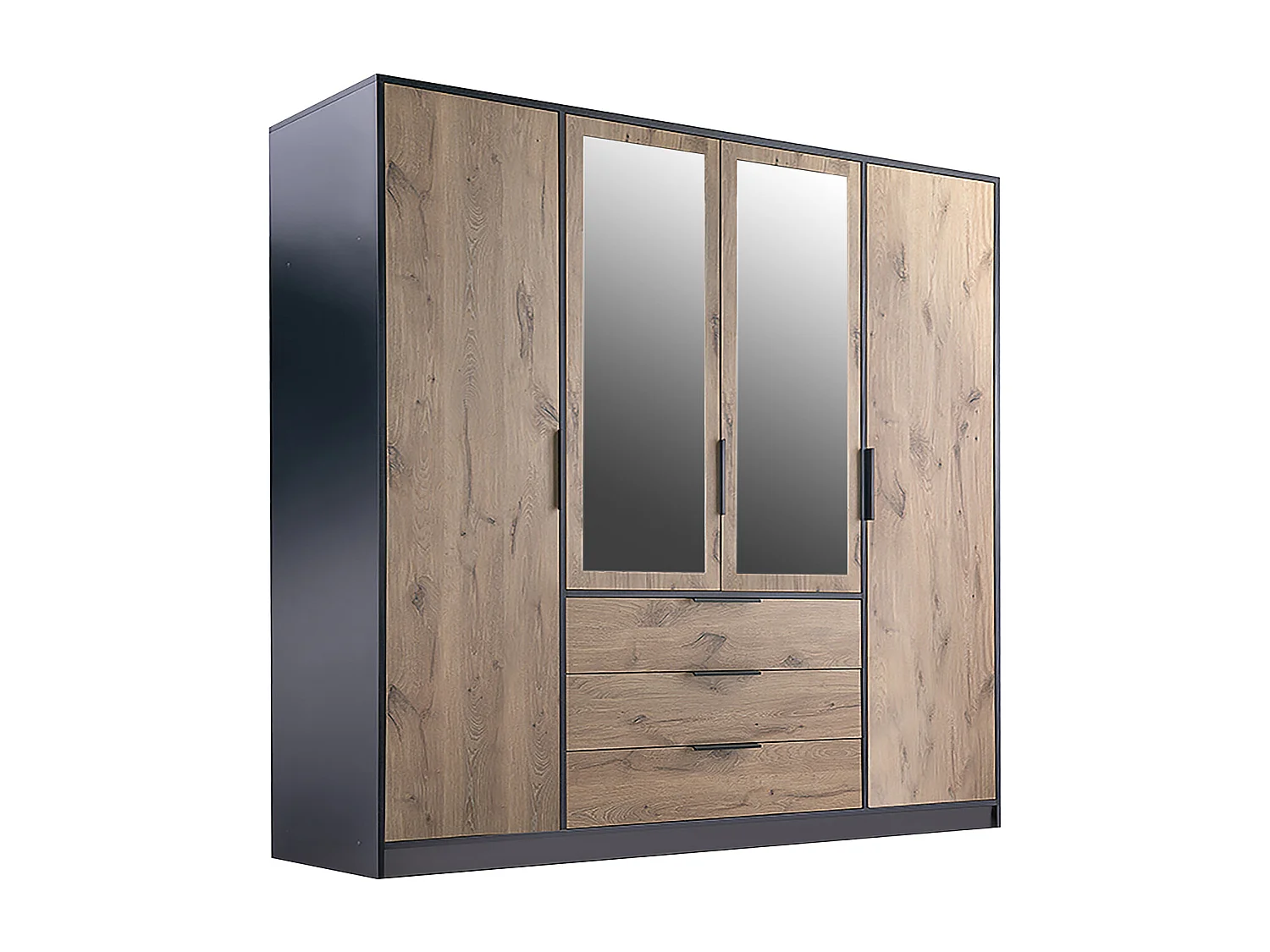 Kleiderschrank mit 4 Türen & 3 Schubladen - Mit Spiegel - 196 cm - Holzfarben & Schwarz - LAMIKI