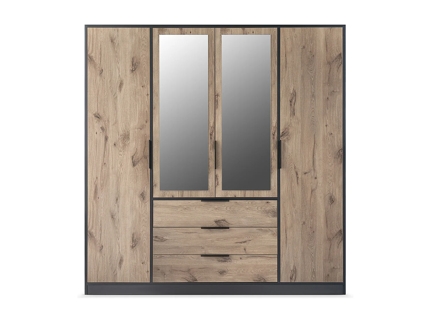 Kleiderschrank mit 4 Türen & 3 Schubladen - Mit Spiegel - 196 cm - Holzfarben & Schwarz - LAMIKI