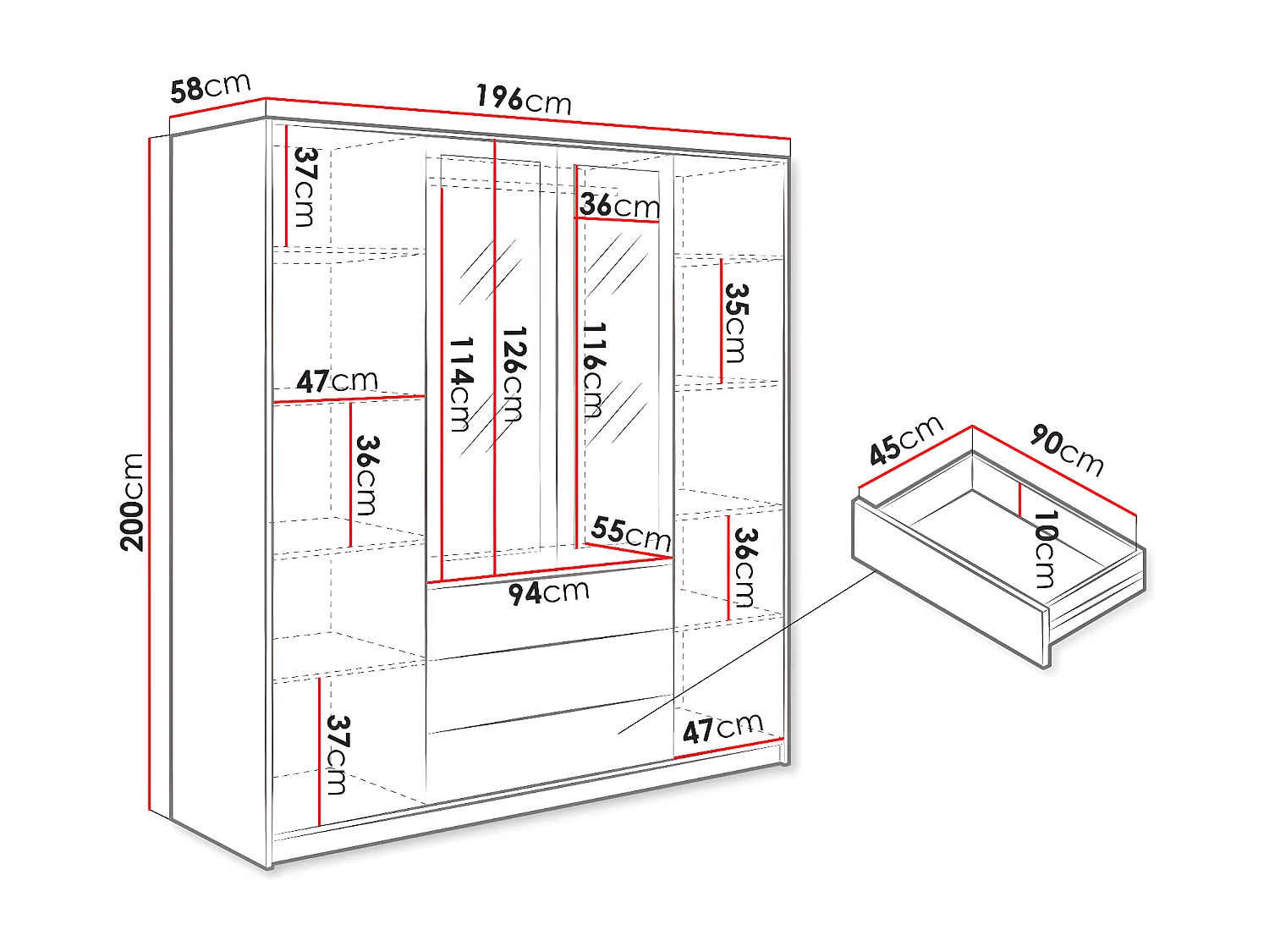 Kleiderschrank mit 4 Türen & 3 Schubladen - Mit Spiegel - 196 cm - Holzfarben & Schwarz - LAMIKI