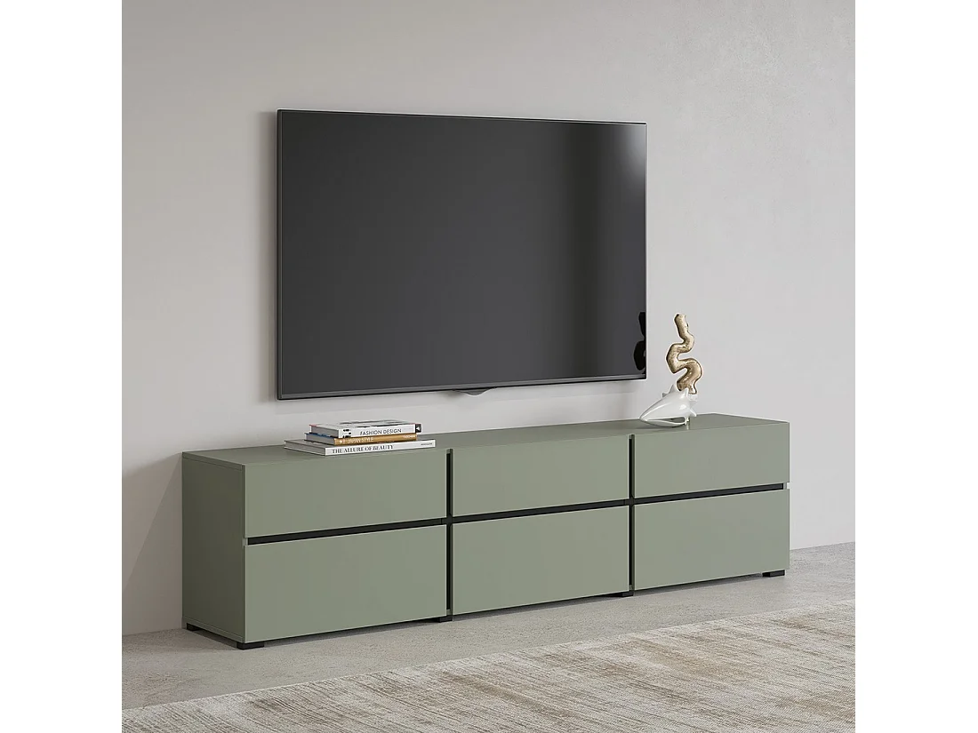 Mobile TV colore salvia verde 180cm collezione HAVANA. Mobile design con 3 porte e 3 cassetti.
