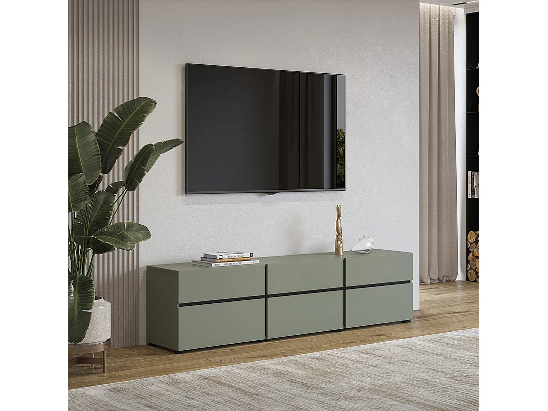 Mobile TV colore salvia verde 180cm collezione HAVANA. Mobile design con 3 porte e 3 cassetti.
