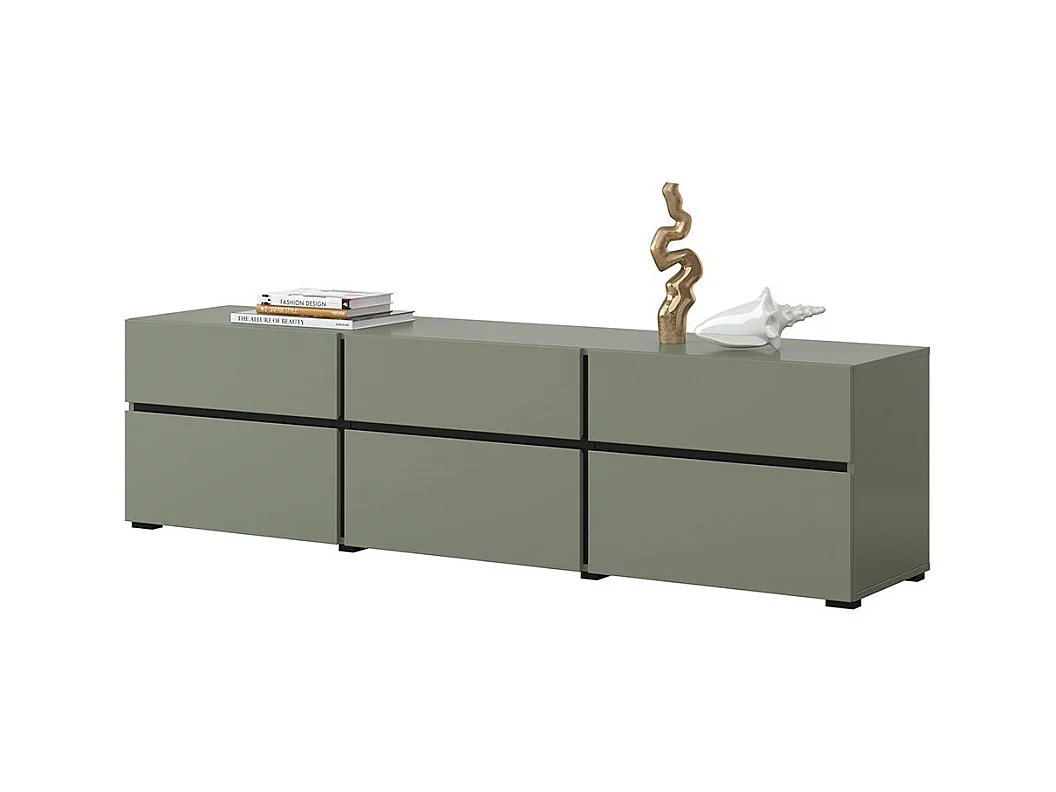 Meuble TV coloris vert sauge 180cm collection HAVANA. Meuble design avec 3 portes et 3 tiroirs.