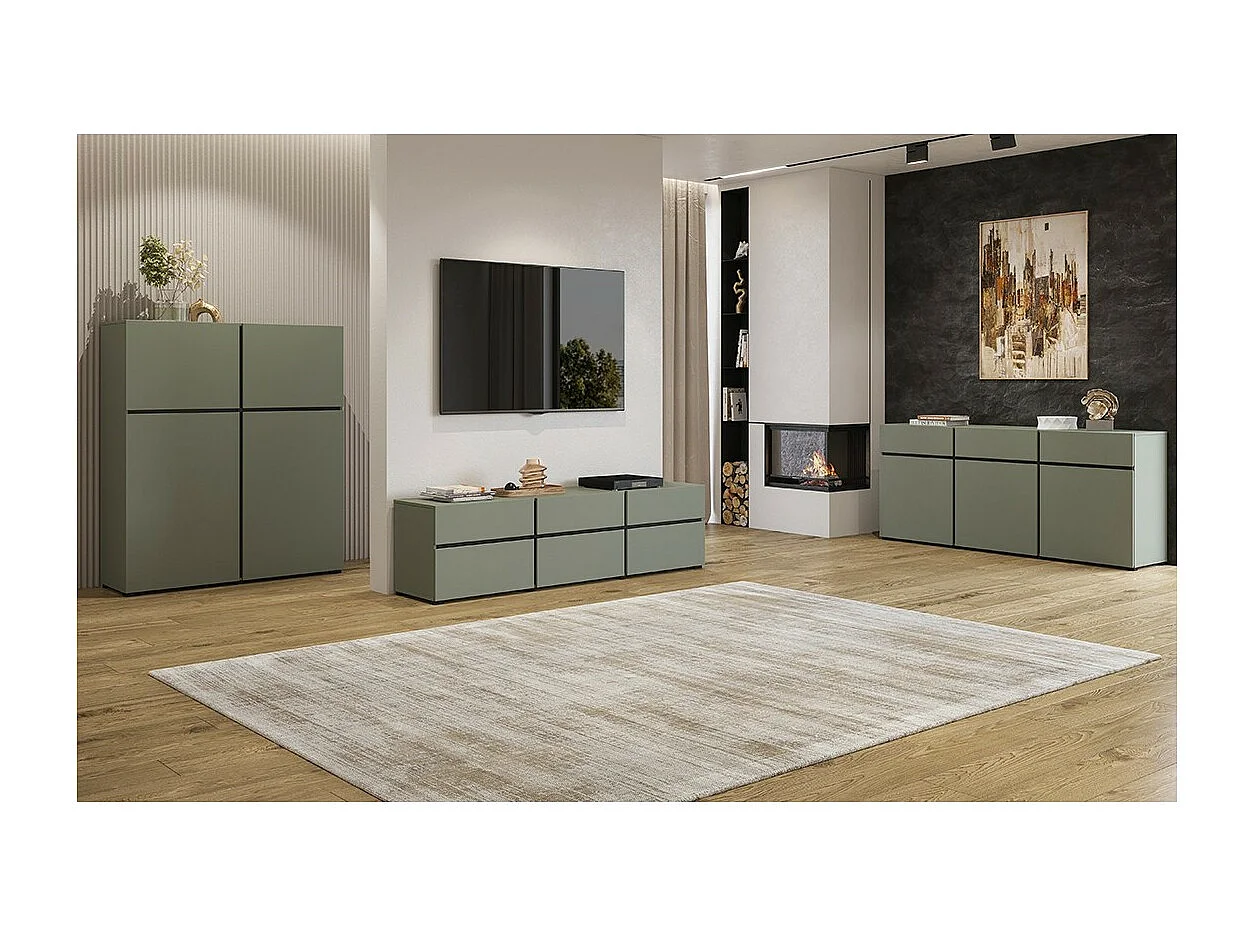 Meuble TV coloris vert sauge 180cm collection HAVANA. Meuble design avec 3 portes et 3 tiroirs.