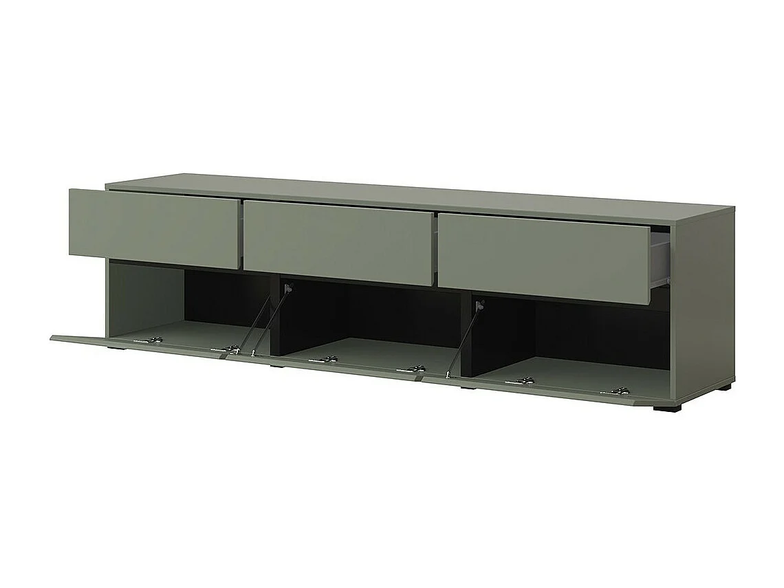 Meuble TV coloris vert sauge 180cm collection HAVANA. Meuble design avec 3 portes et 3 tiroirs.