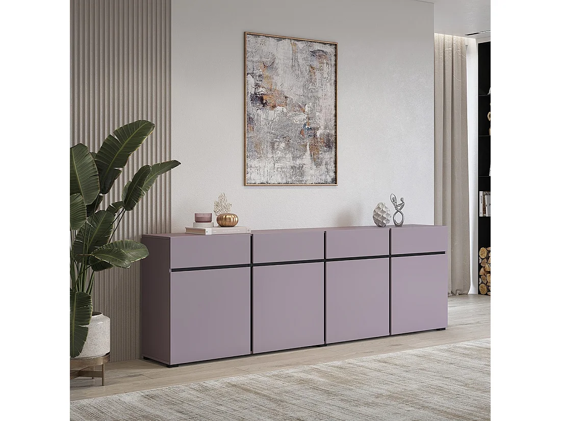 Buffet XL colore pastello viola 225cm collezione HAVANA. Credenza di design con 4 porte e 4 cassetti.