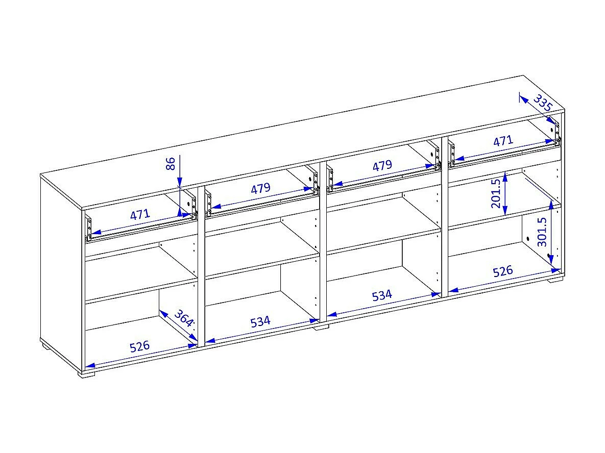 Buffet XL colore pastello viola 225cm collezione HAVANA. Credenza di design con 4 porte e 4 cassetti.
