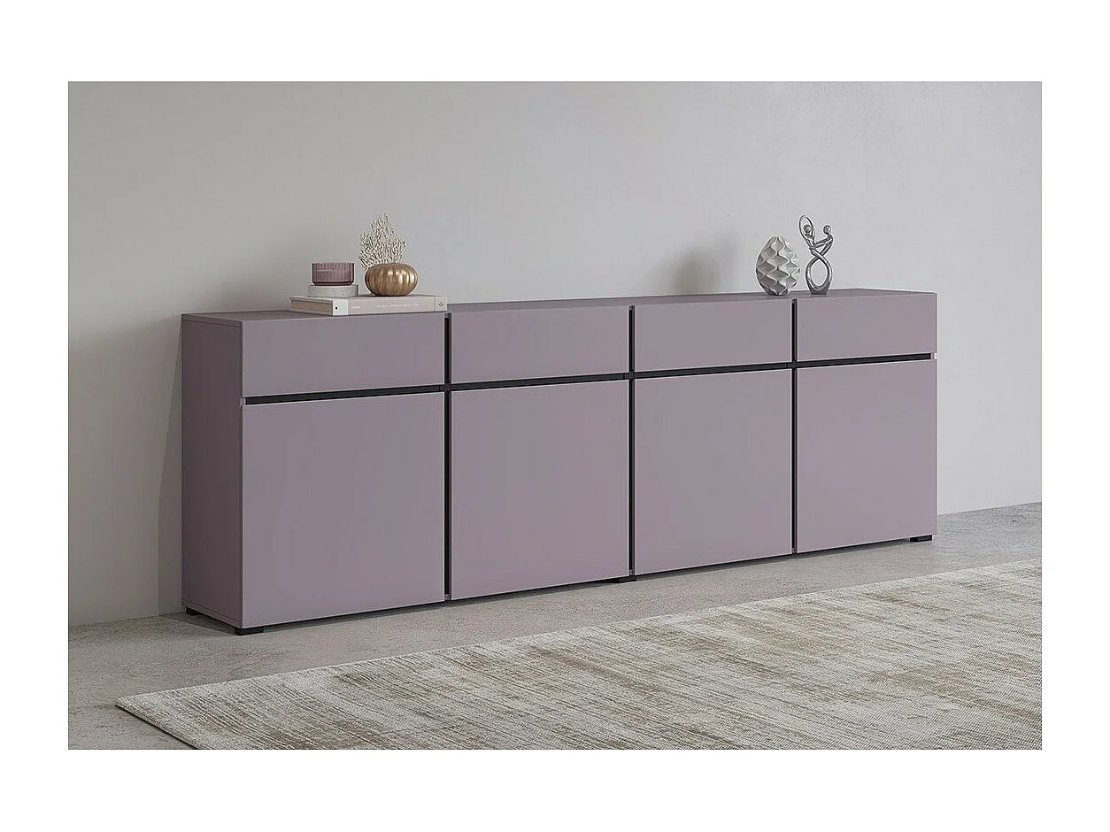 Buffet XL colore pastello viola 225cm collezione HAVANA. Credenza di design con 4 porte e 4 cassetti.