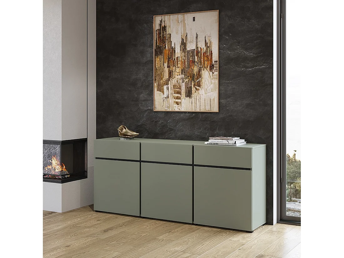 Buffet coloris vert sauge 180cm collection HAVANA. Bahut  design avec 3 portes et 3 tiroirs.