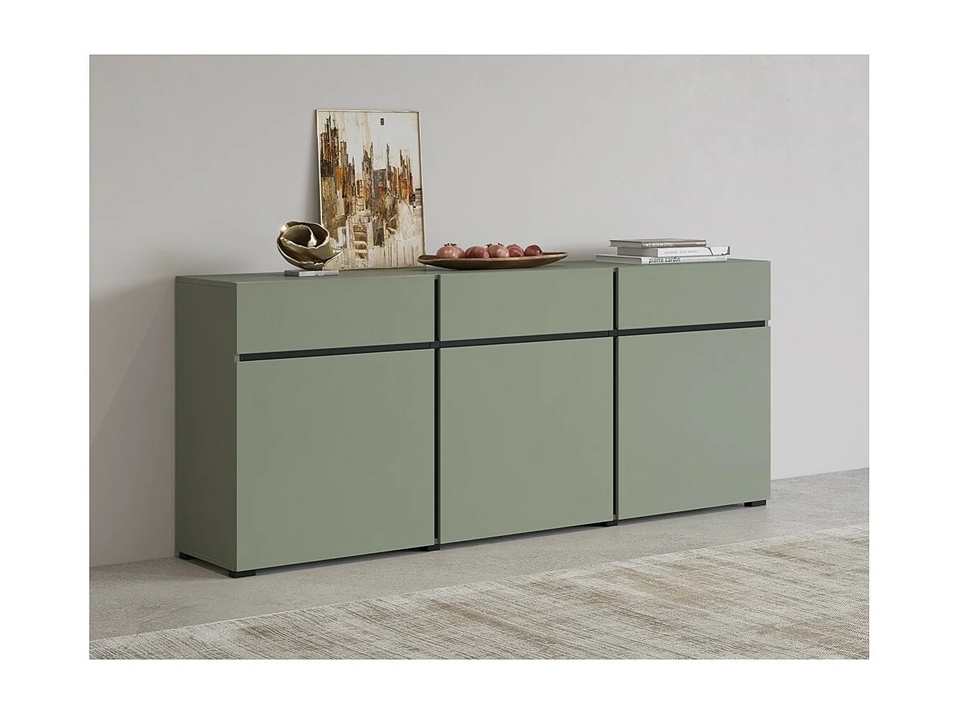 Buffet coloris vert sauge 180cm collection HAVANA. Bahut  design avec 3 portes et 3 tiroirs.