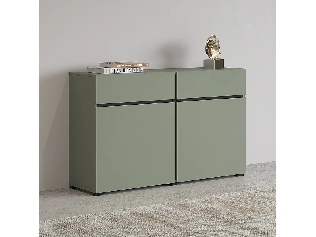 Credenza color salvia verde 120cm collezione HAVANA. Mobile design con 2 porte e 2 cassetti.