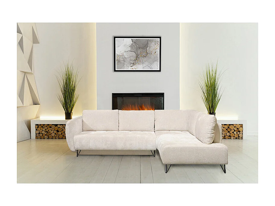 Canapé convertible angle droit L. 265 cm tissu côtelé écru - SAMUEL