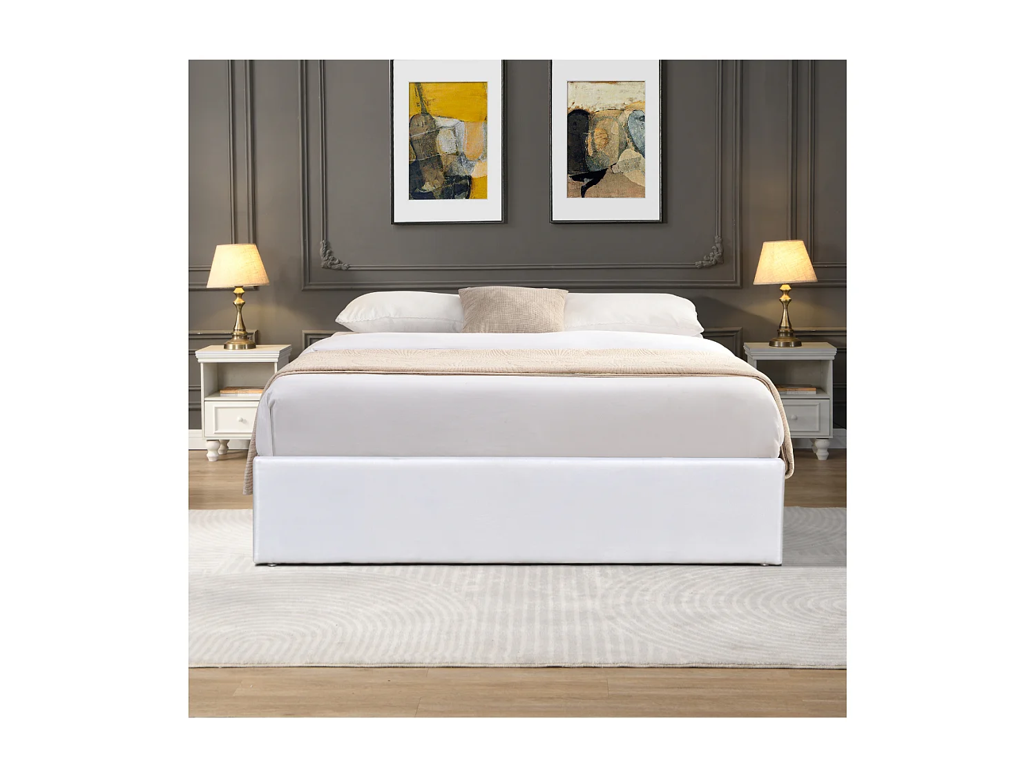 Solide Lit Coffre Blanc pour Matelas 120x190 cm - 12 Lattes - Manon + Pieds - Montage Rapide et Facile - revetement PVC
