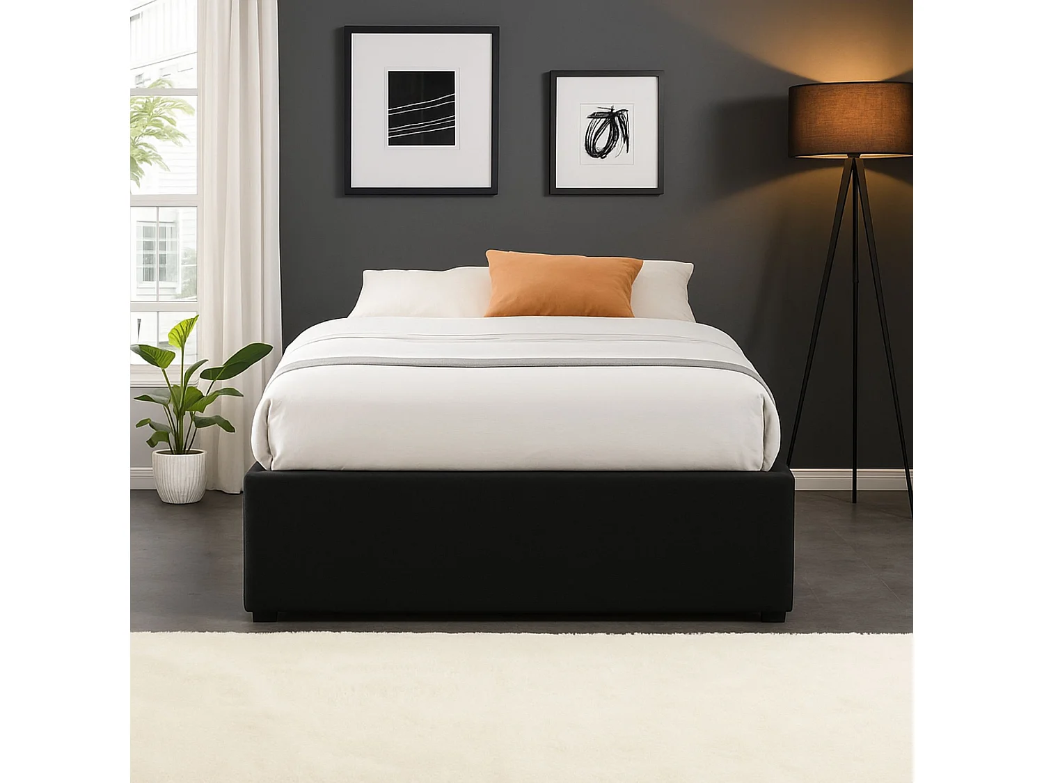Nuits D'or Solide Lit Coffre Noir pour Matelas 90x190 cm - 12 Lattes - Manon + Pieds - Montage Rapide et Facile - revete