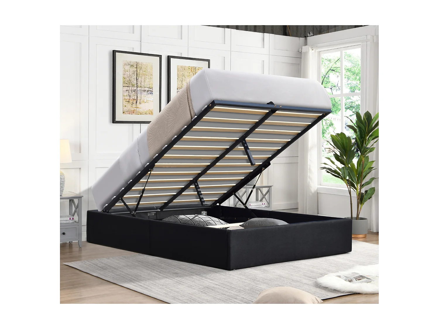 Nuits D'or Solide Lit Coffre Noir pour Matelas 160x200 cm - 14 Lattes - Manon + Pieds - Montage Rapide et Facile - revet